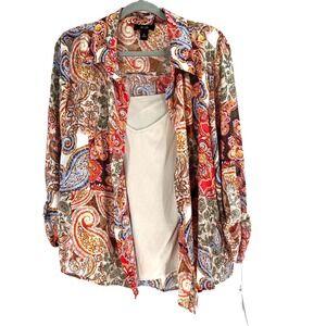 AGB Womens Button Up Sheer Blouse XL Multicolor Paisley Cami Roll Tab Sleeve NEW